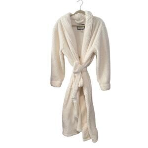 Nicole Miller XL Cream White Plush Long Belted Robe Soft Cozy Housecoat Pockets